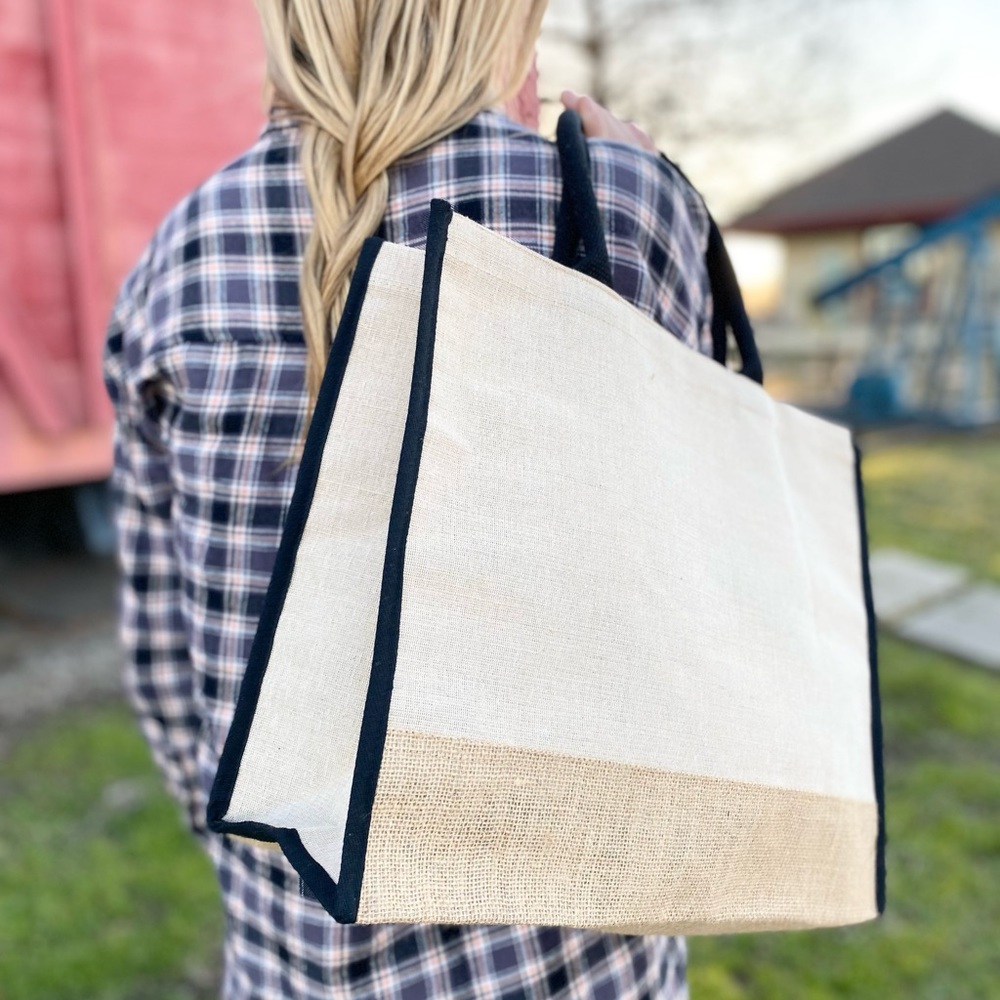 Reusable Washable Market Tote Jute Fabric Black Bag Eco Friendly